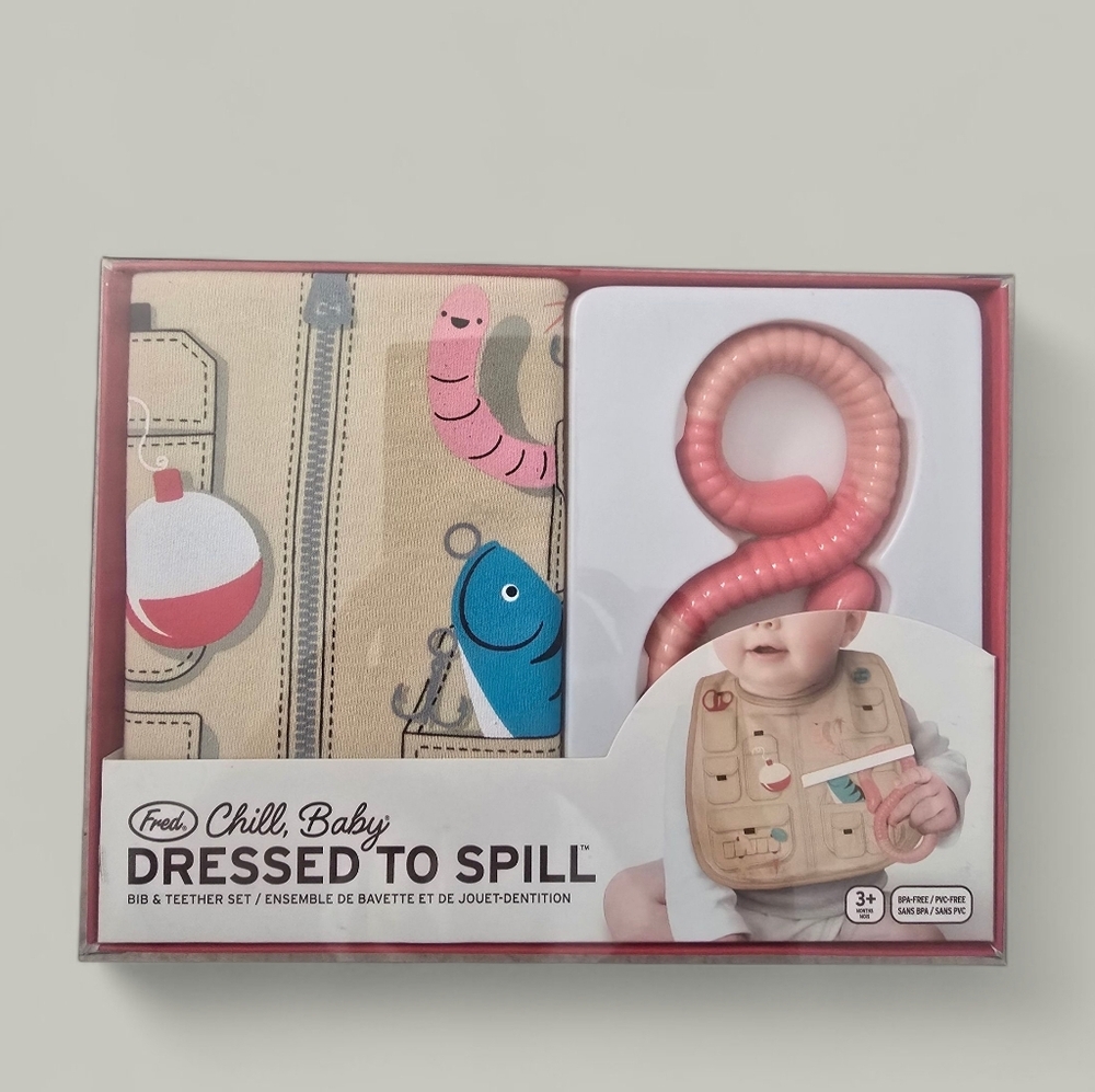 Fred Chill Baby Boutique Spill Bib Teether Set Tan Fishing  Shower Gift Boy Girl